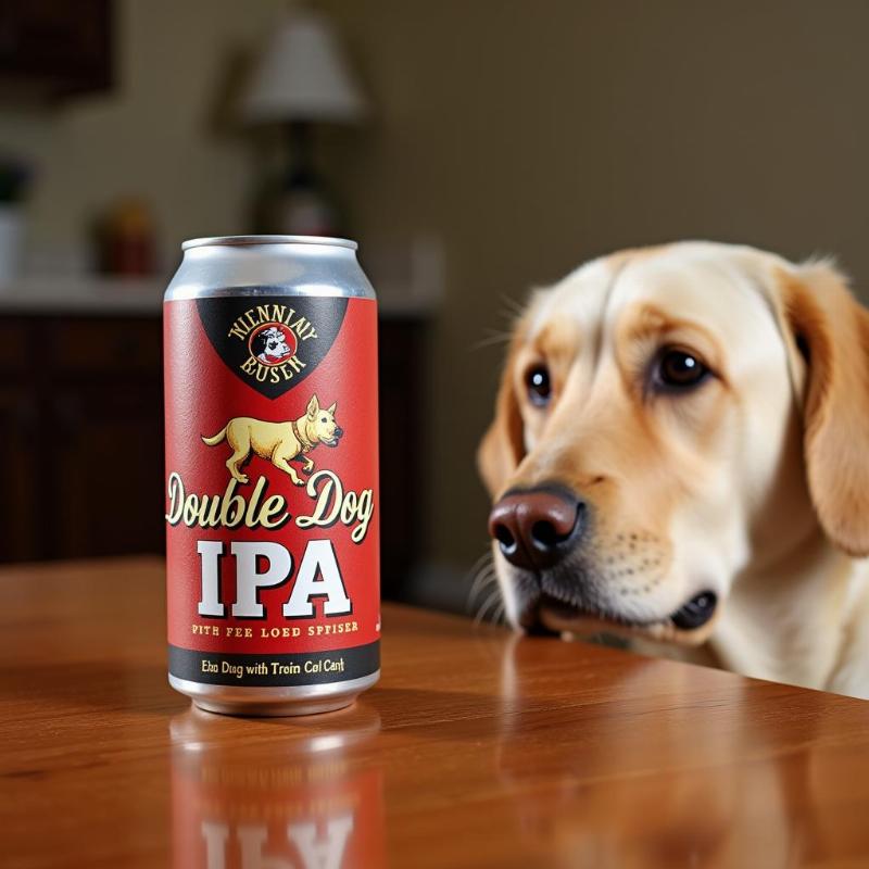 Flying Dog Double Dog IPA can with a dog looking curiously at it