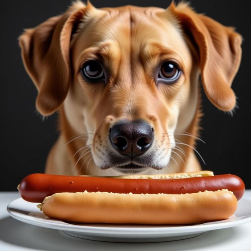 A curious dog looking intently at a foot-long hot dog on a plate.