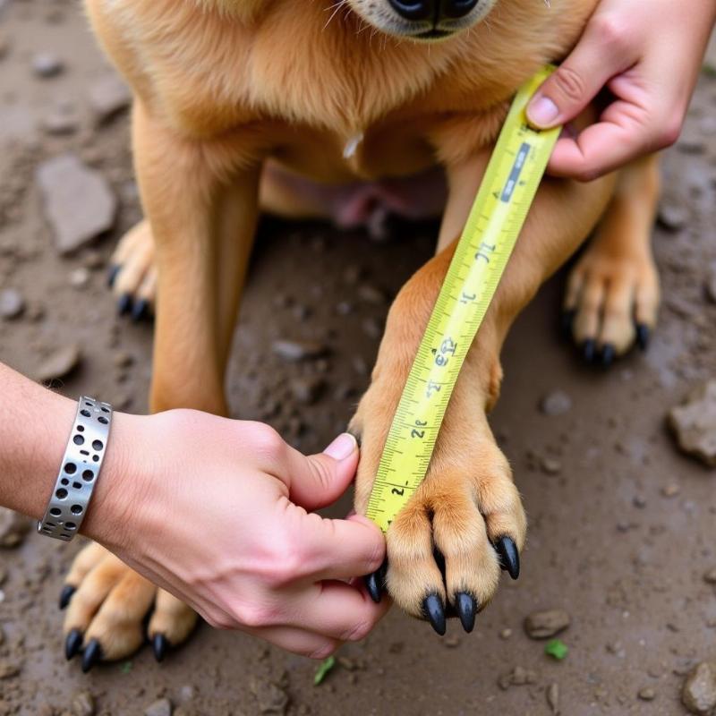 Measuring a dog's paw for Georgia mud dog boots with steel toe