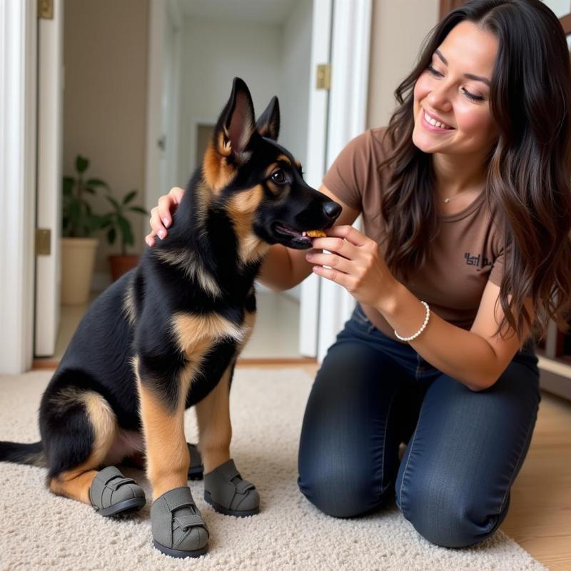 German Shepherd getting used to wearing boots