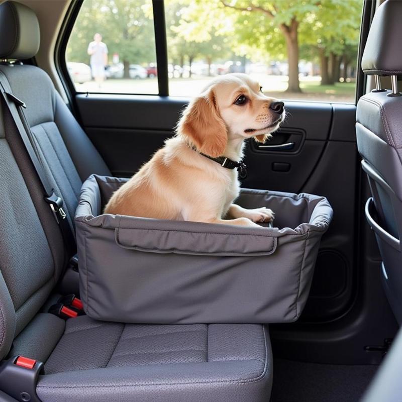 Center console dog car seat securely positioned between front seats