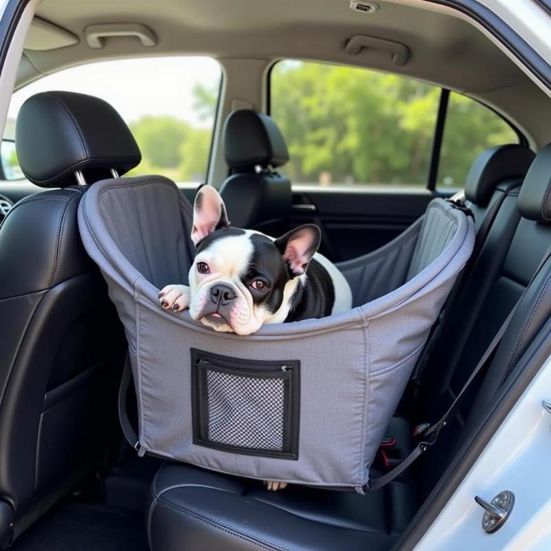 French Bulldog sitting comfortably in a car seat designed specifically for small breeds.