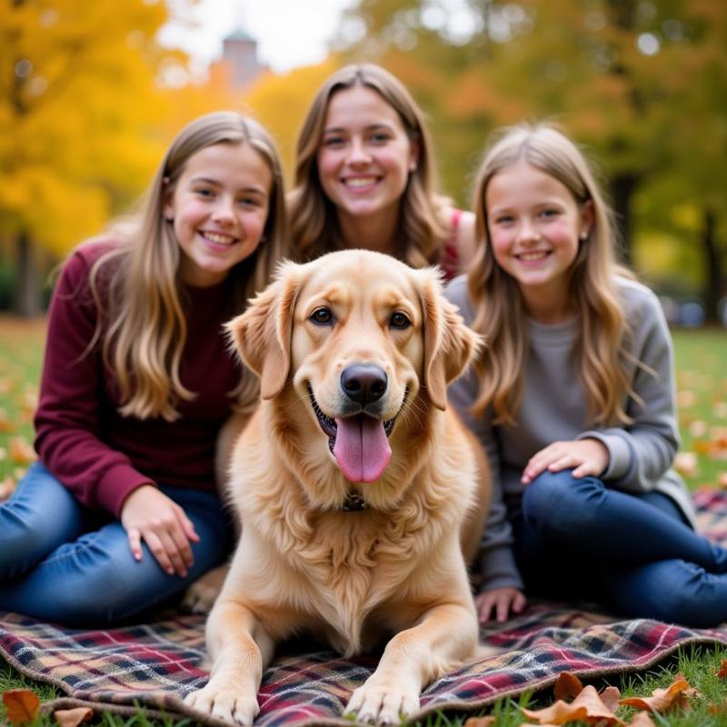 Family and dog posing outdoors for a photo