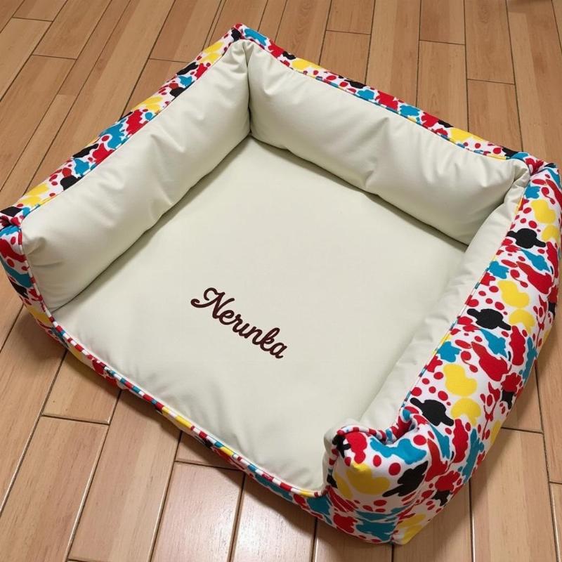 Finished dog bed made from a crib mattress