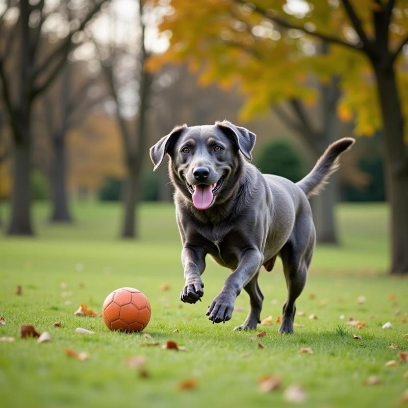 Gray Dog with Black Spots Playing Fetch