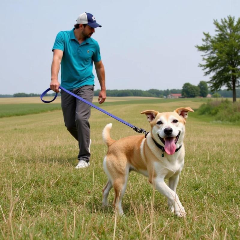 Dog on leash at Greycliff Prairie Dog Town State Park