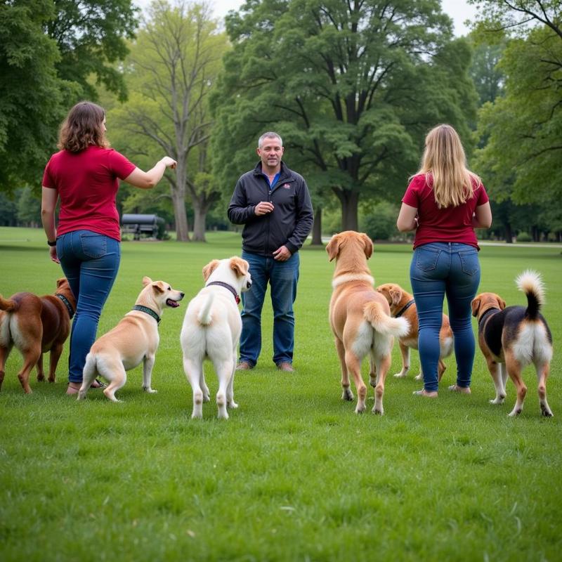 Dogs and their owners participating in a group training class in a park setting in Oak Lawn.