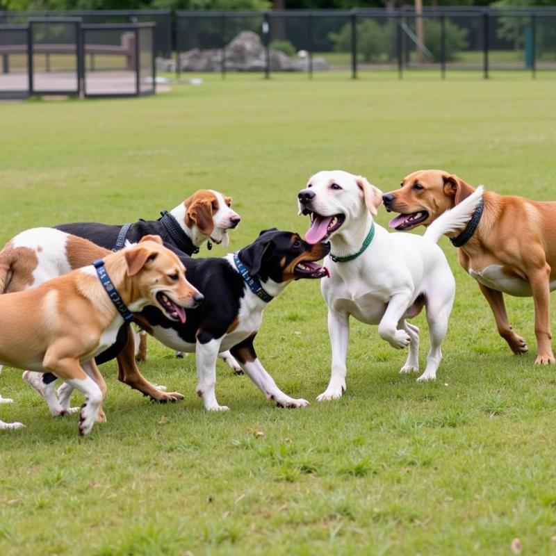 Dogs playing together at Hammertime Unleashed Dog Park