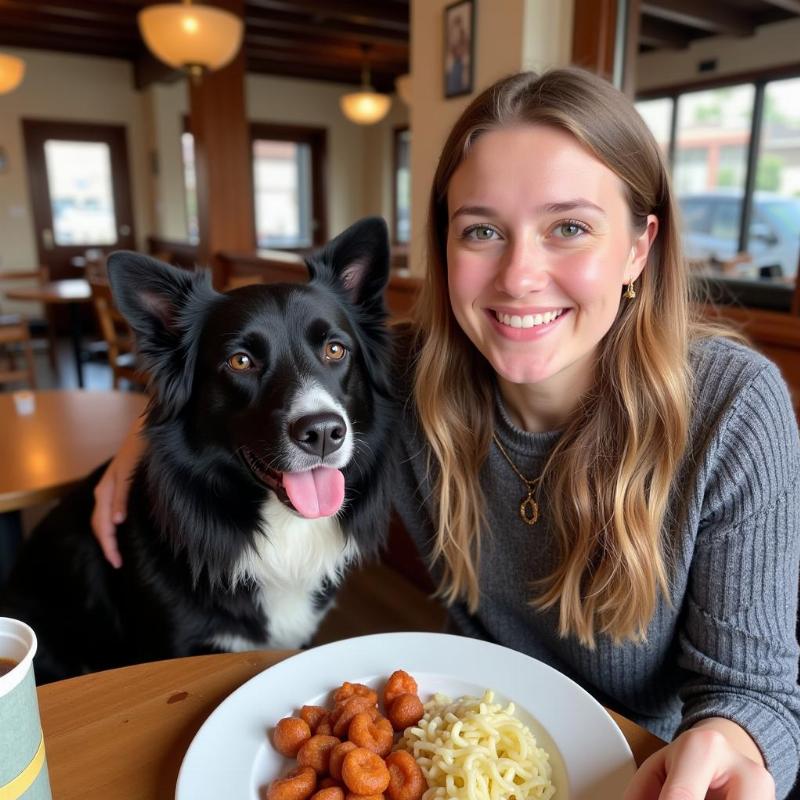 Happy dog owner dining at a Suffolk County restaurant