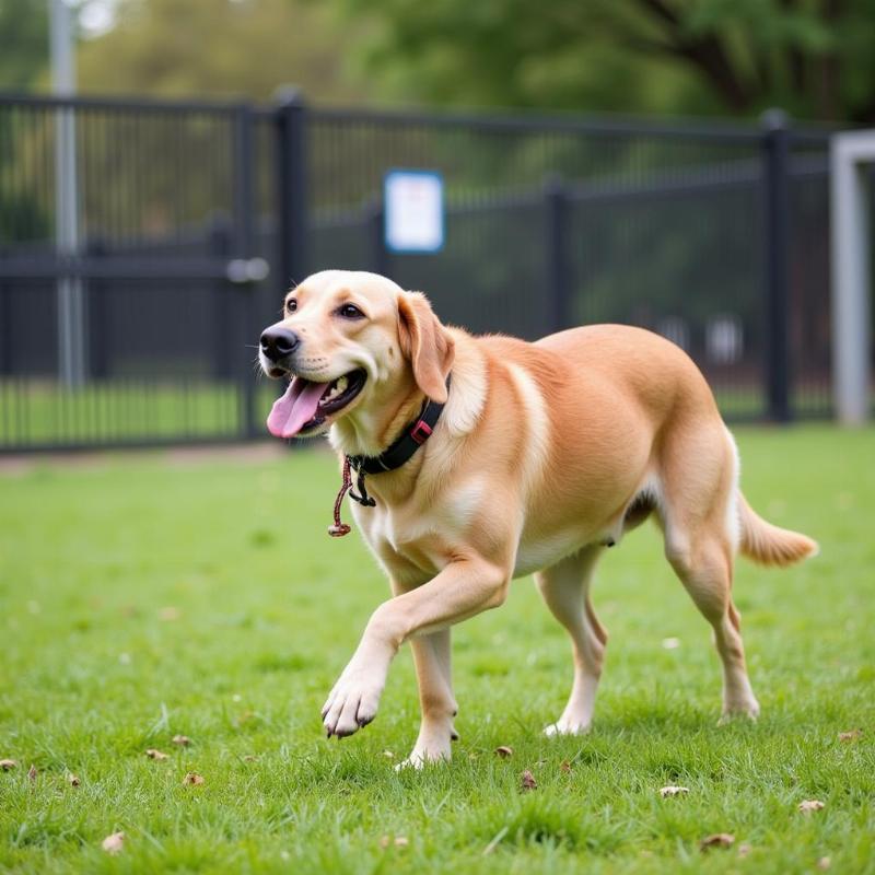 Happy dog playing at Whiskey Creek's outdoor play area