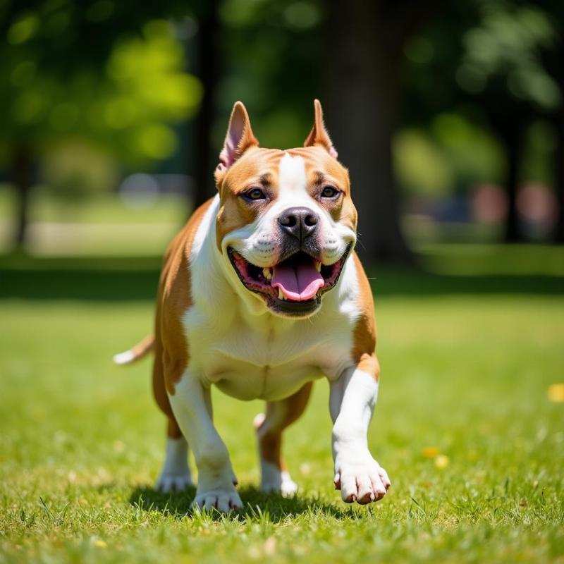 Healthy bully breed dog playing fetch