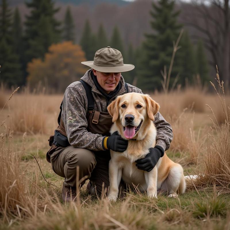 Hunter and Dog in Field with Successful Training