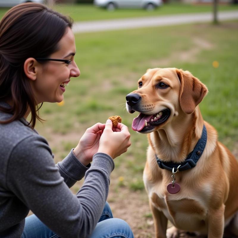 Dog being trained to not resource guard a person with positive reinforcement using treats.