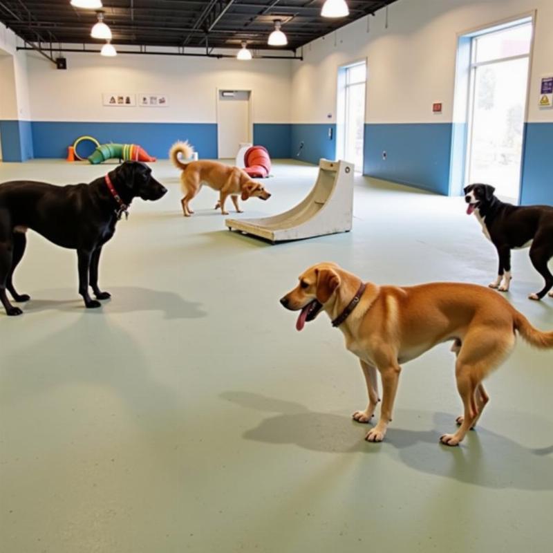 Dogs playing at an indoor dog park in Dallas