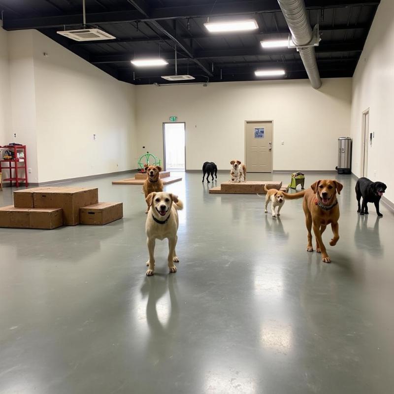 Dogs playing fetch in a bright, air-conditioned indoor dog park in Scottsdale.