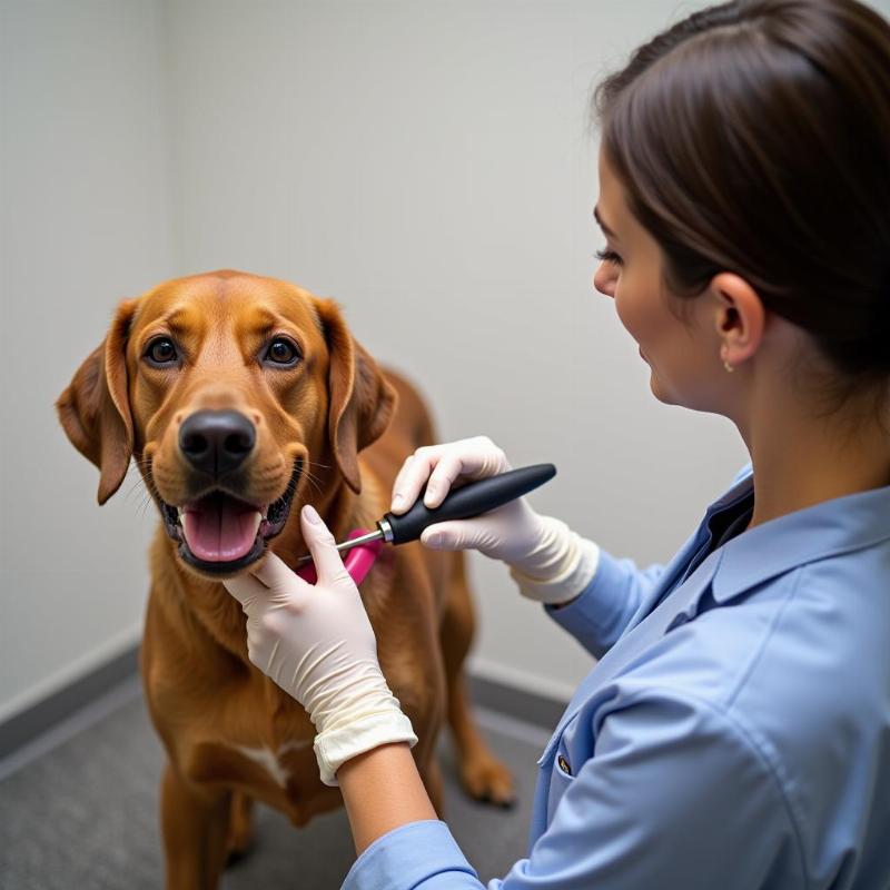 Veterinarian examining dog's skin