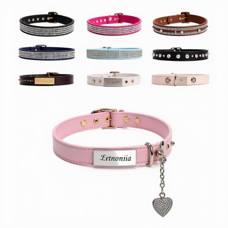 Different bling styles for small dog collars: Collars with rhinestones, studs, charms, and personalized nameplates.