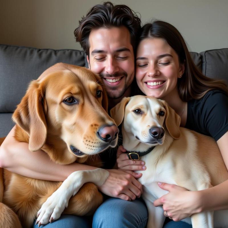 Large Cuddle Buddy Dog Breeds: Golden Retriever, Labrador Retriever, and Greyhound.