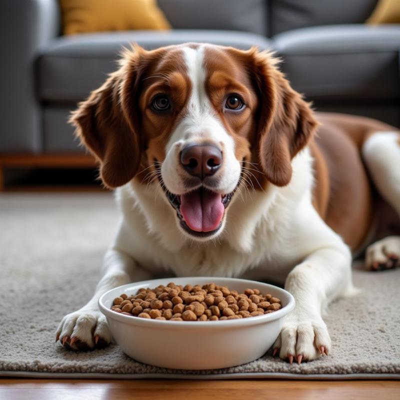 Lazy dog enjoying a bowl of kibble