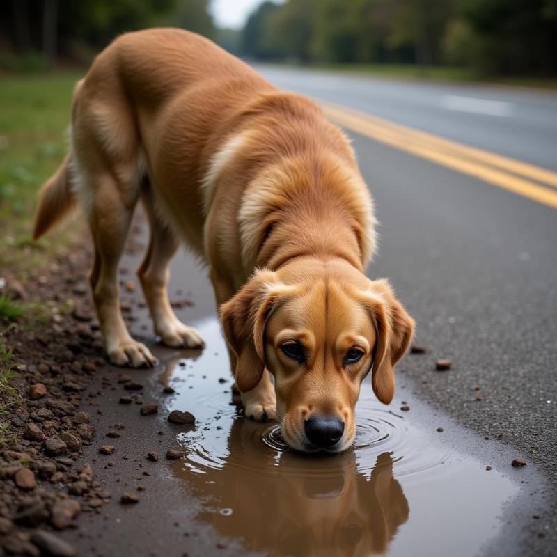 Lost Dog Drinking from Puddle