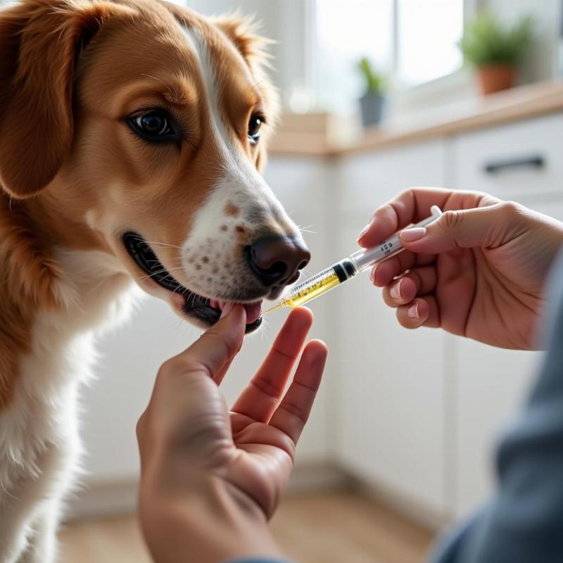 MCT oil being administered to a dog with a syringe