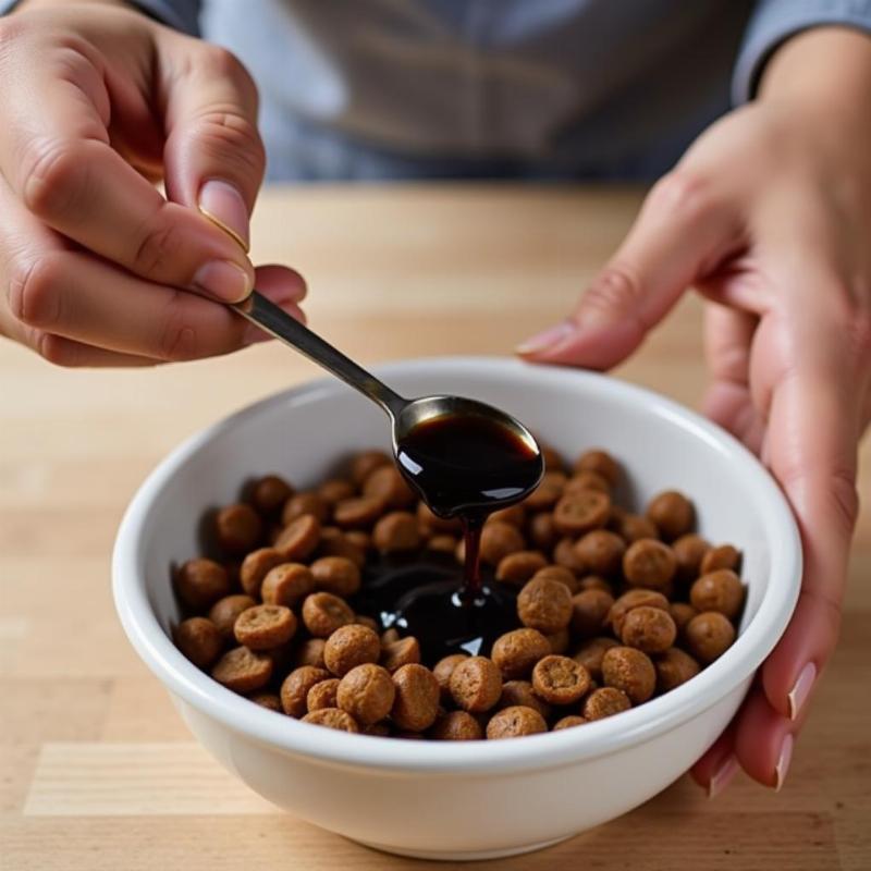 Carefully measuring molasses for dog food