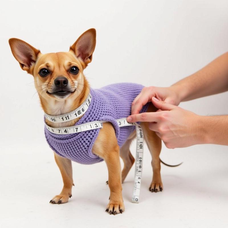 Measuring a small dog for a crochet sweater using a tape measure.