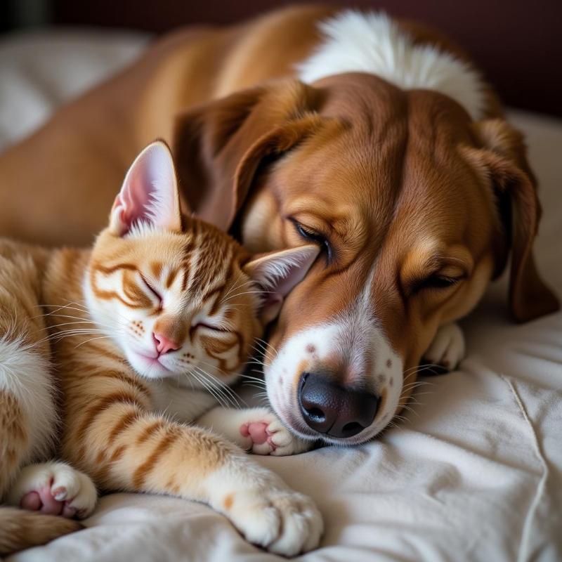 Cat and dog sleeping together