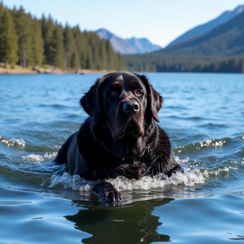 Newfoundland dog swimming in a lake