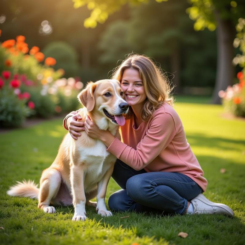 Person Hugging Dog in Garden