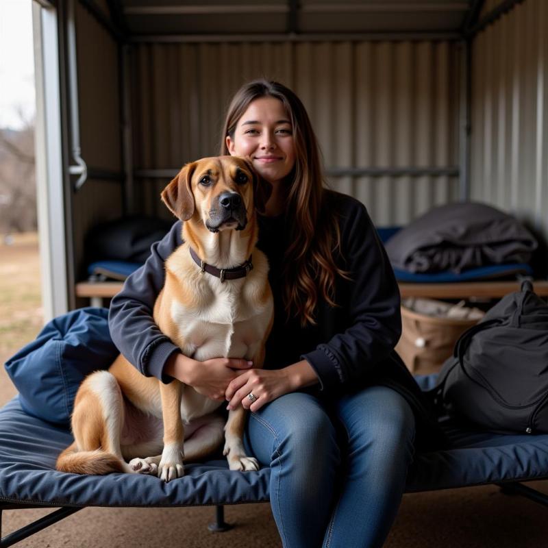 Homeless person and their dog in a shelter