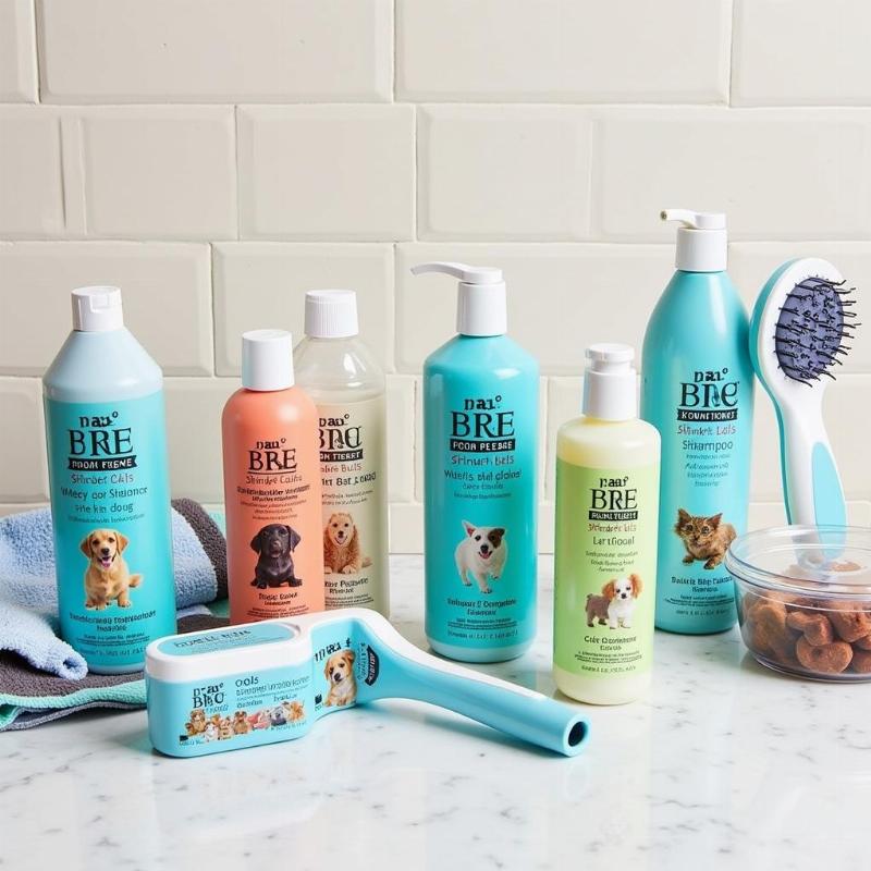 Essential Pet Bathing Supplies: A collection of shampoos, conditioners, brushes, and towels arranged neatly.