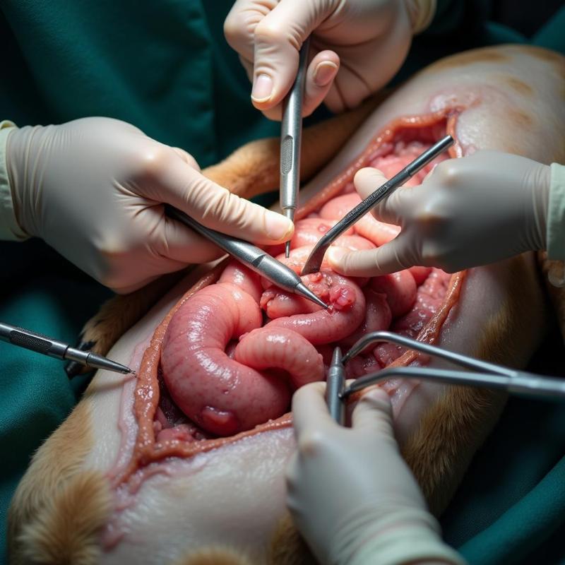 Dog undergoing intestinal blockage surgery