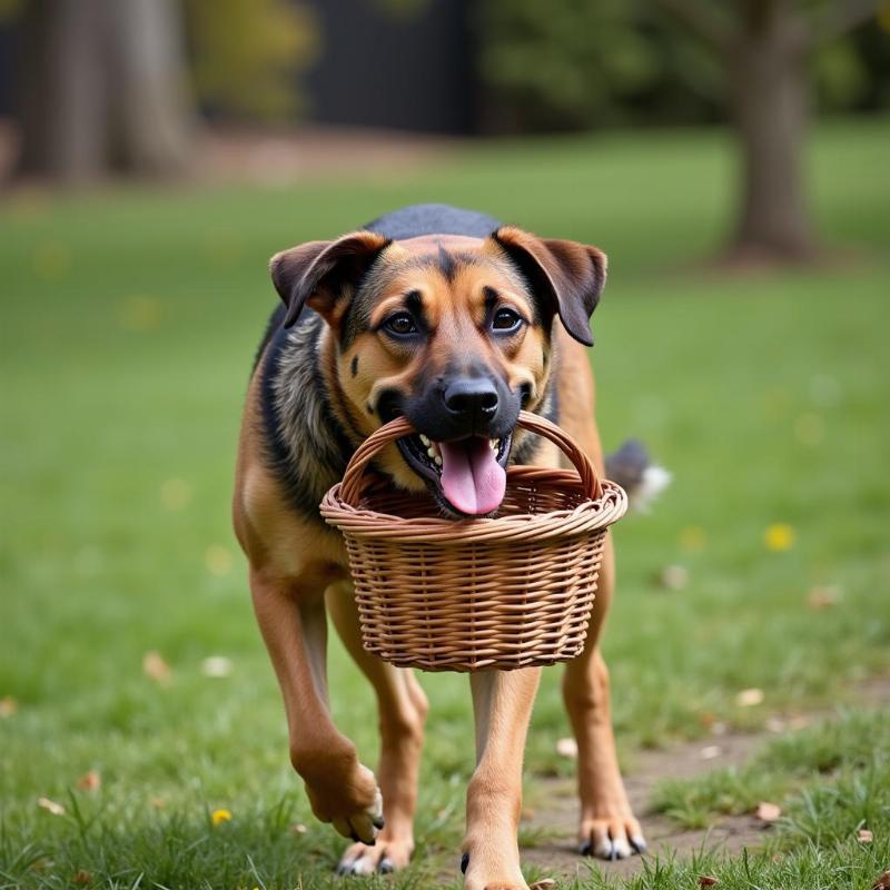 A dog carrying a small basket in its mouth