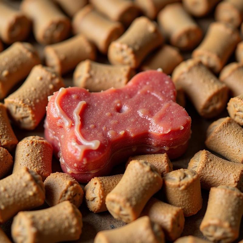 Close up of raw coated kibble