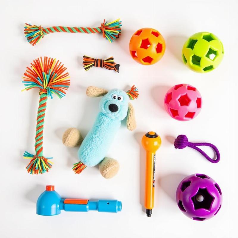 A variety of safe and durable dog toys, including rubber balls, plush toys, and rope toys.