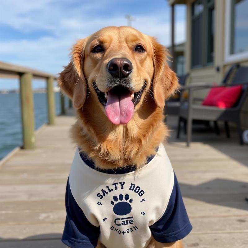 A dog wearing a Salty Dog Cafe t-shirt