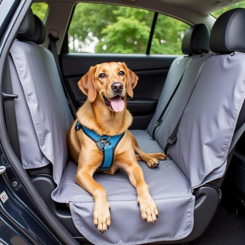 A dog safely secured in a Subaru Crosstrek with a dog seat cover and seatbelt attachment.