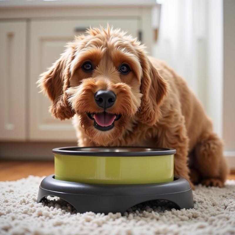 Senior Cavapoo eating from a bowl