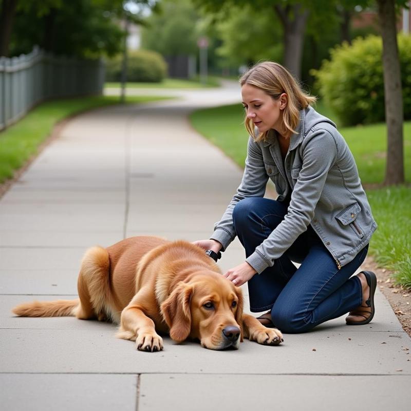 Senior dog collapsing during a walk