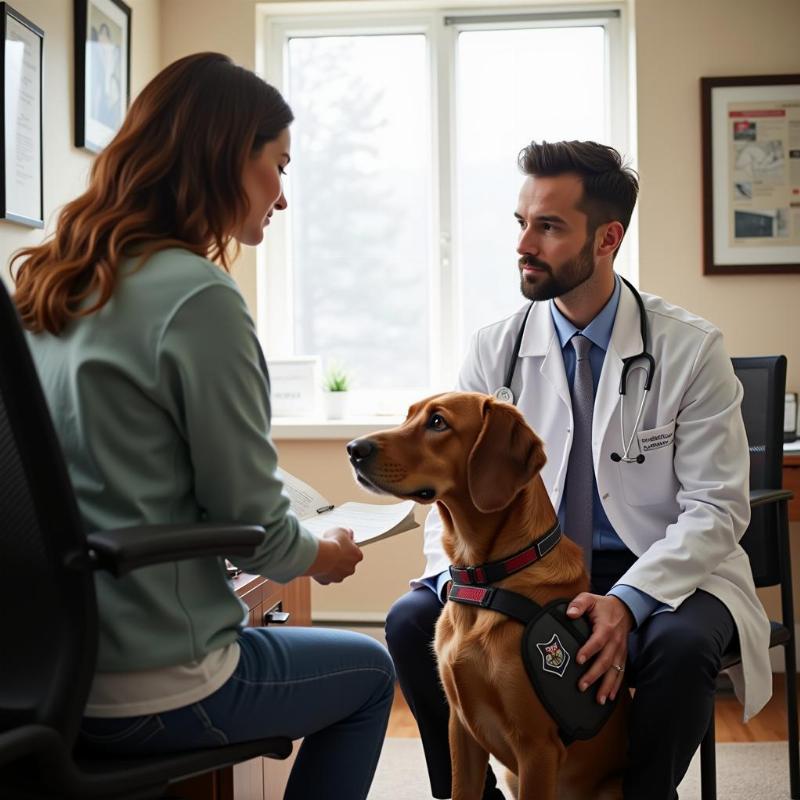 Service dog with handler receiving a letter from a doctor