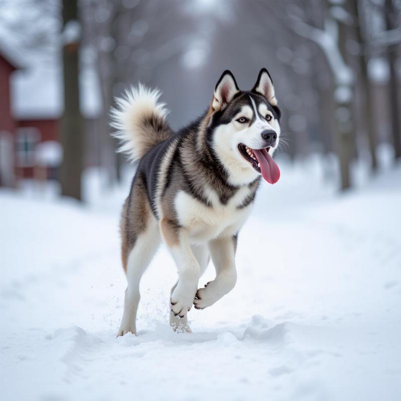 Siberian Husky Playing with White Tipped Tail Visible