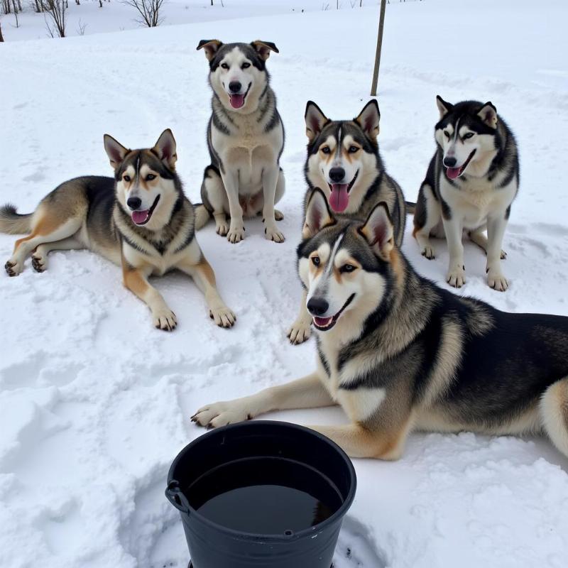 Sled dogs resting after run