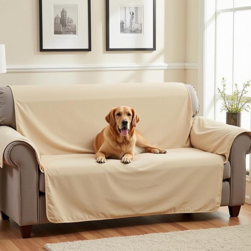 A dog lying on a stylish canvas couch cover