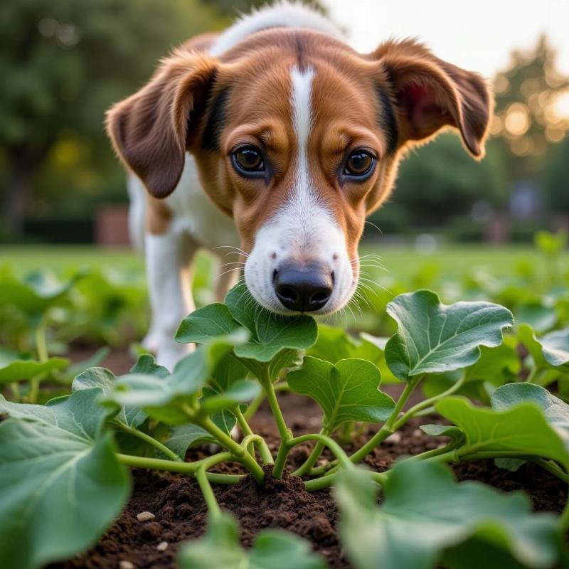 A curious dog sniffing a sweet potato vine.