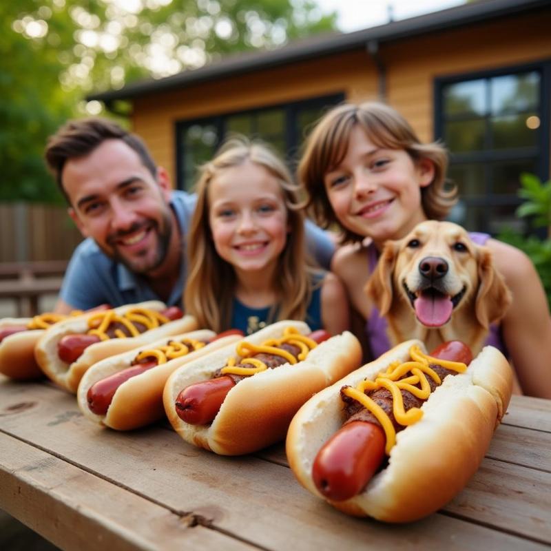 Enjoying hot dogs with furry friends