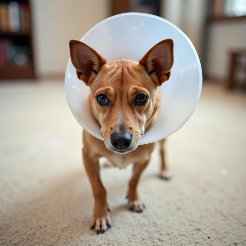 Dog wearing a traditional cone