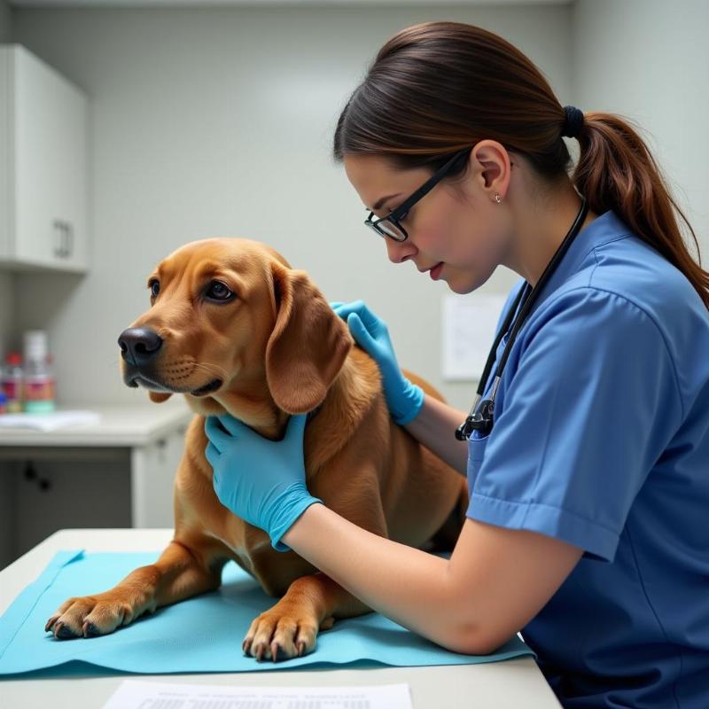 Veterinarian examining a dog after holly tone ingestion