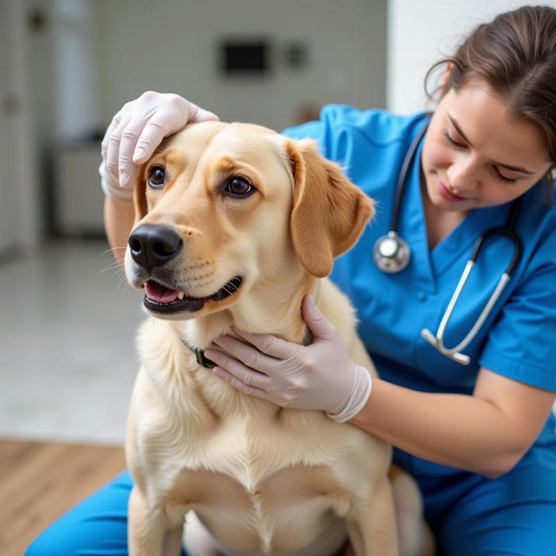 Veterinarian examining a dog for allergies