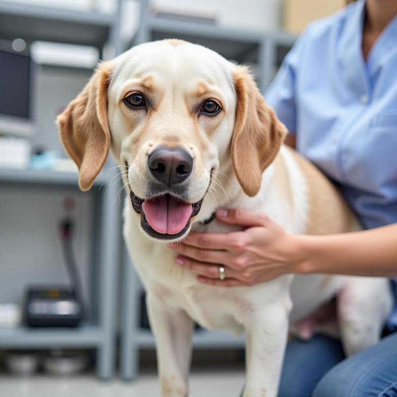 Veterinarian examining a dog for liver health